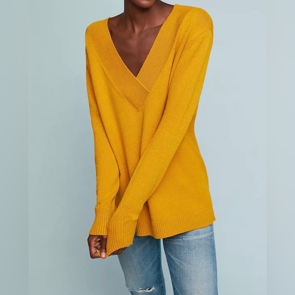 Anthropologie Galazia Tunic Sweater Xs Gold V-Neck Knit